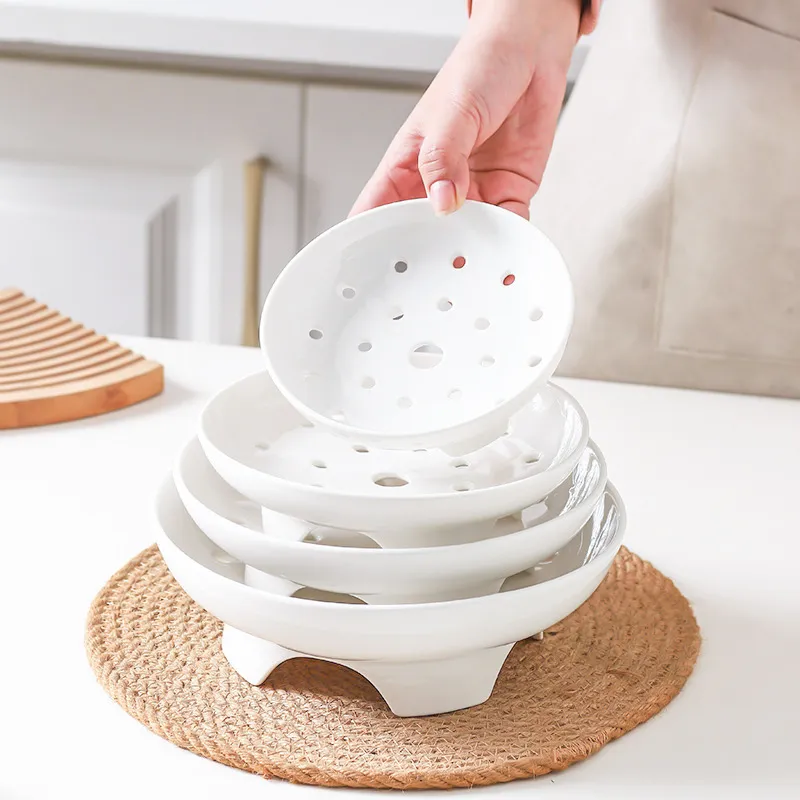 Multipurpose Ceramic Steamer Plate High Foot Deep Steamer Basket Household Rice Cooker Steamer Rack White