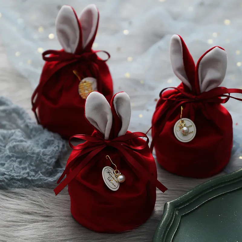 Velvet Rabbit Ear Candy Gift Bag Wedding Party Favor Drawstring Pouch with Pearl Pendant and Bowknot Design for Packing