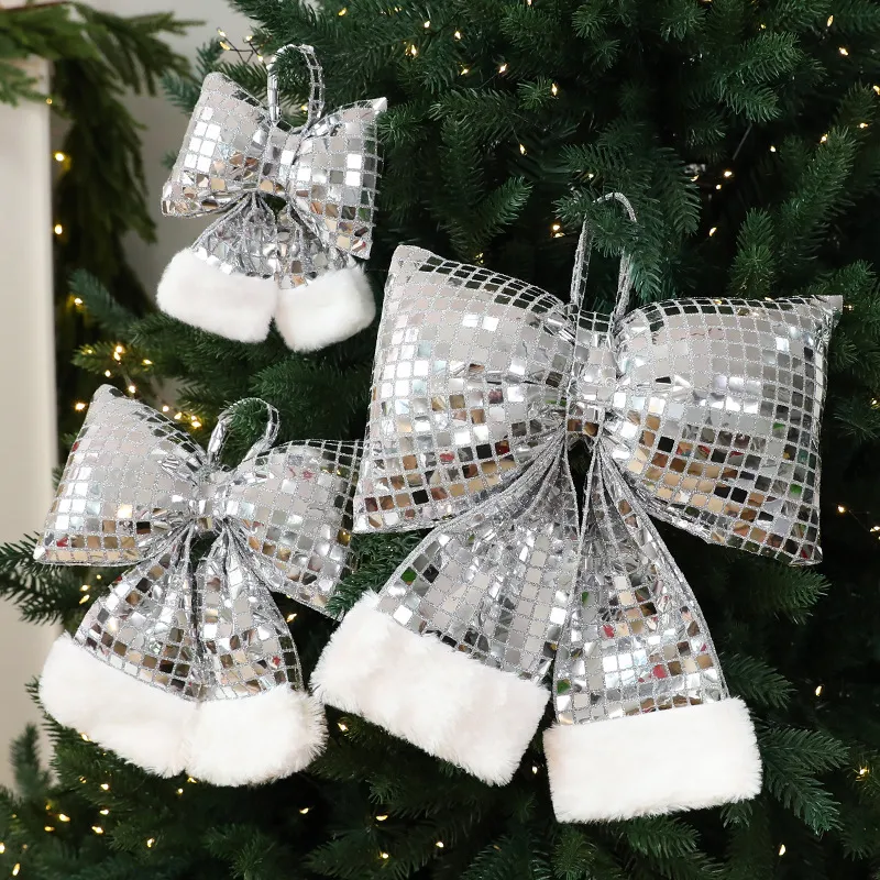 Large Medium Small Christmas Tree Bow Hanging Ornament Mirror Sequins Bowknot Holiday Home Party Decoration