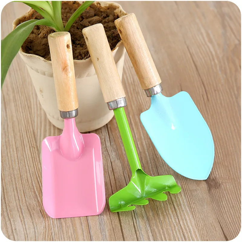 Mini Poignée en Bois Ensemble d'Outils de Jardin en Métal Trois Pièces Pelle Râteau pour Plantes Fleurs Jardin