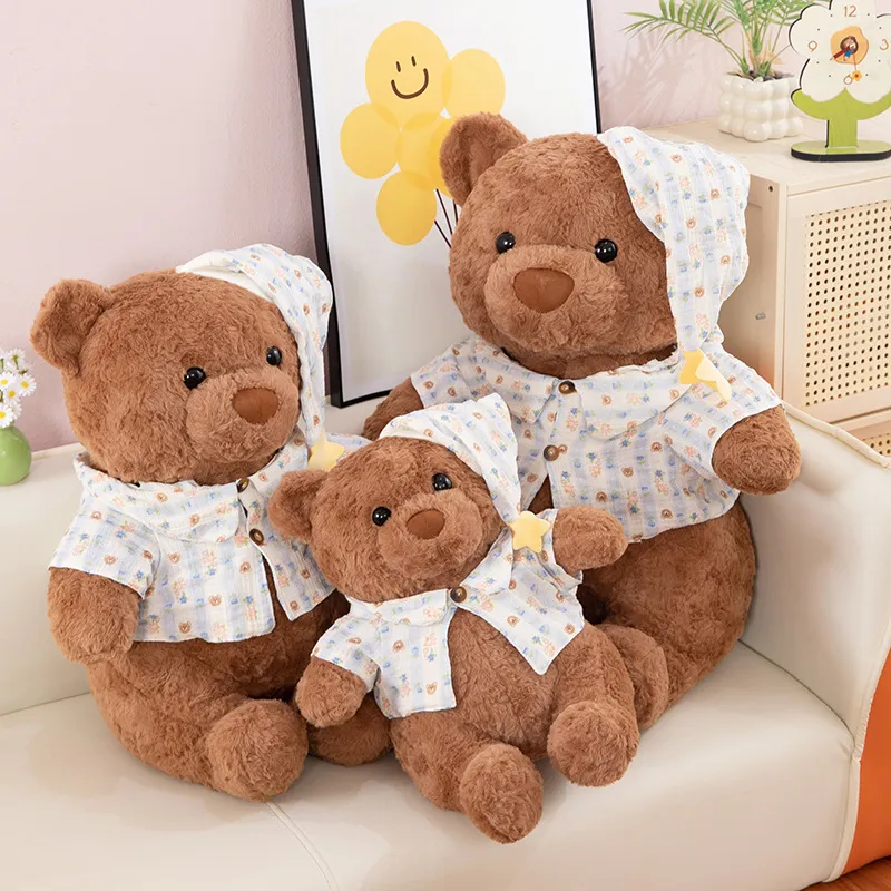 Cute Stuffed Teddy Bear Plush Toy With Cute Sleep Cap And Shirt Soft Brown Animal Doll Birthday Gift For Kids
