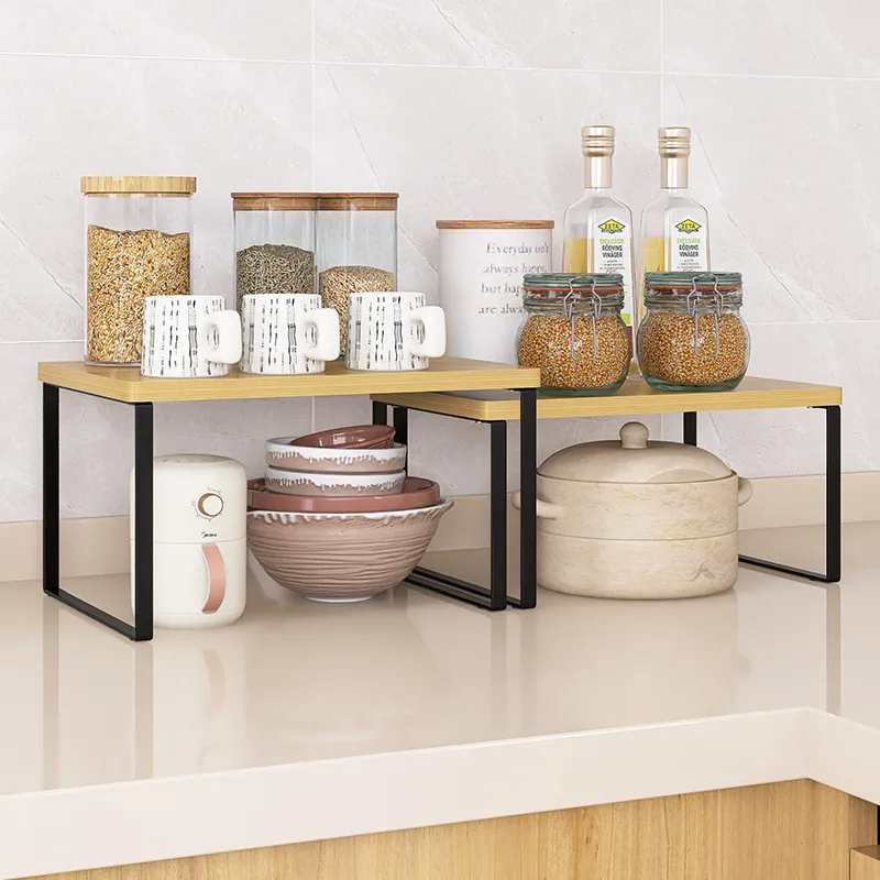 Home Kitchen Countertop Storage Rack Double Layer Wood Grain Desktop Organizer Spice Shelf Cabinet Organizer Holder