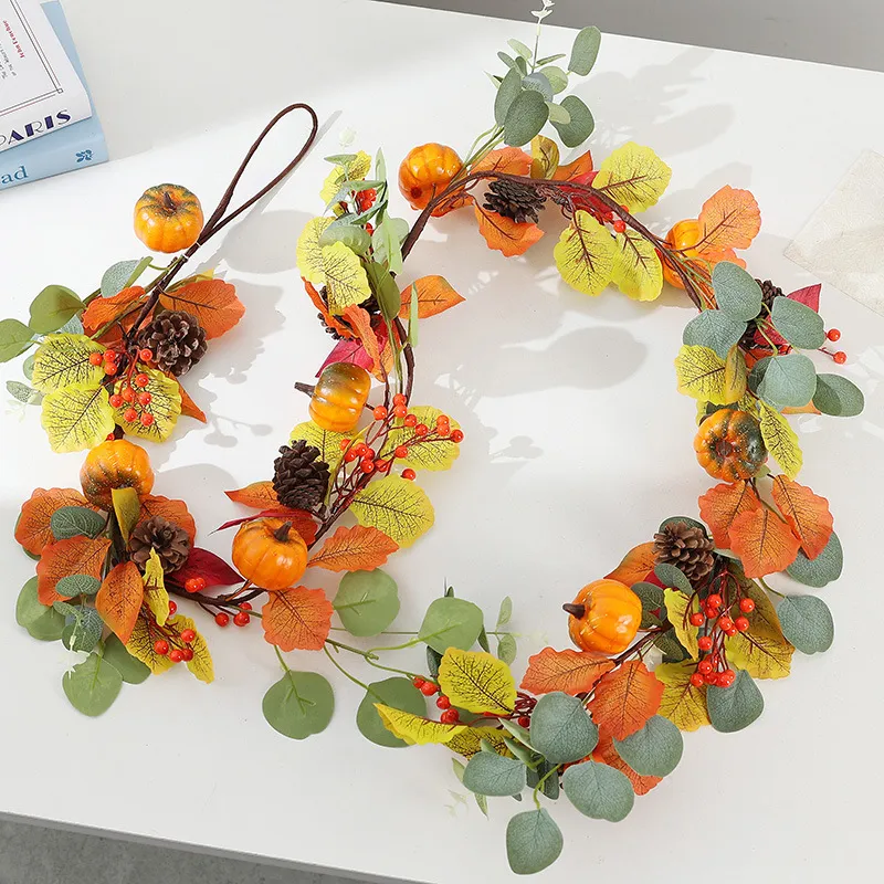 Autumn Artificial Maple Leaf Pumpkin Pinecone Wreath Thanksgiving Fall Wall Hanging Door Decor Home Floral Garland