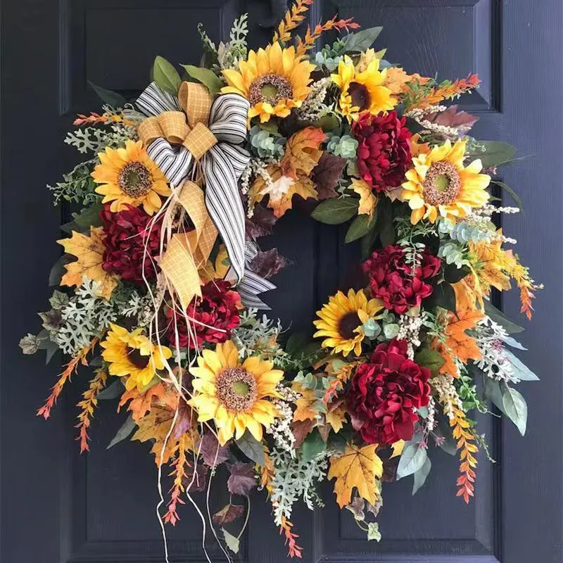 Artificial Sunflower Wreath French Country Style Door Decor With Red Peony Maple Leaves Striped Bow For Home Wall Garden