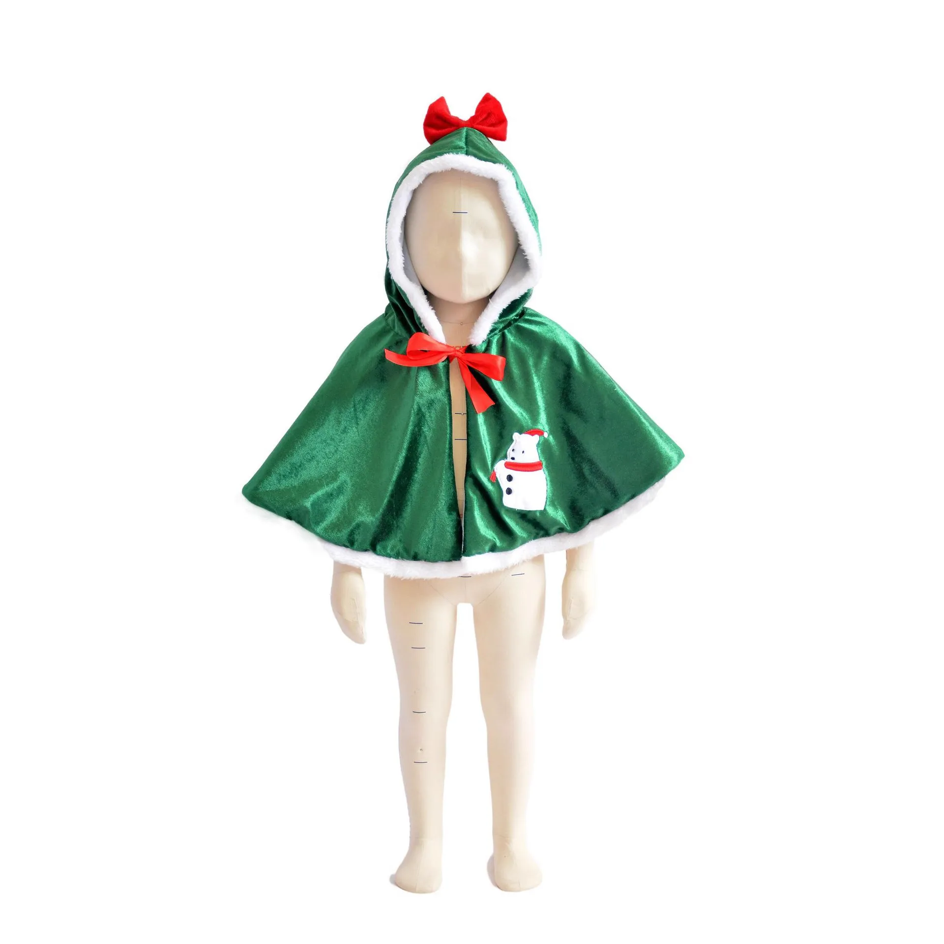 Children Christmas Hooded Velvet Cape Cloak Xmas Party Performance Costume With White Plush Trim And Embroidery