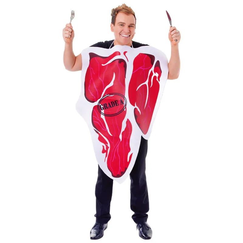 Costume de Steak Drôle pour Adulte Nouveauté Nourriture Cosplay Tenue Unisexe Performance sur Scène Robe de Fête Haut Sans Manches