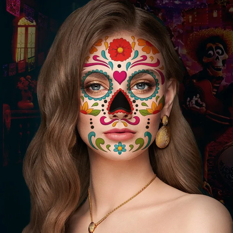Day of the Dead Halloween Face Tattoo Sticker Waterproof Temporary Face Sticker Festival Party Stage Performance Makeup