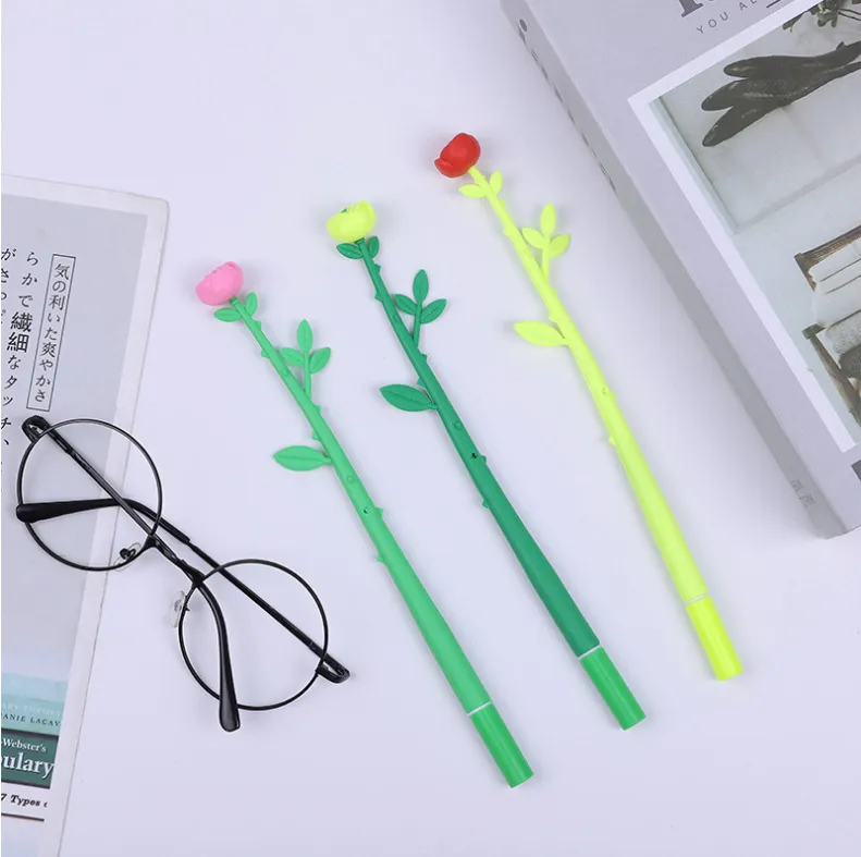Creative Rose Flower Gel Pen Black Ink Cute Student Writing Stationery Office Signature Pen Plastic Floral Pen Gift