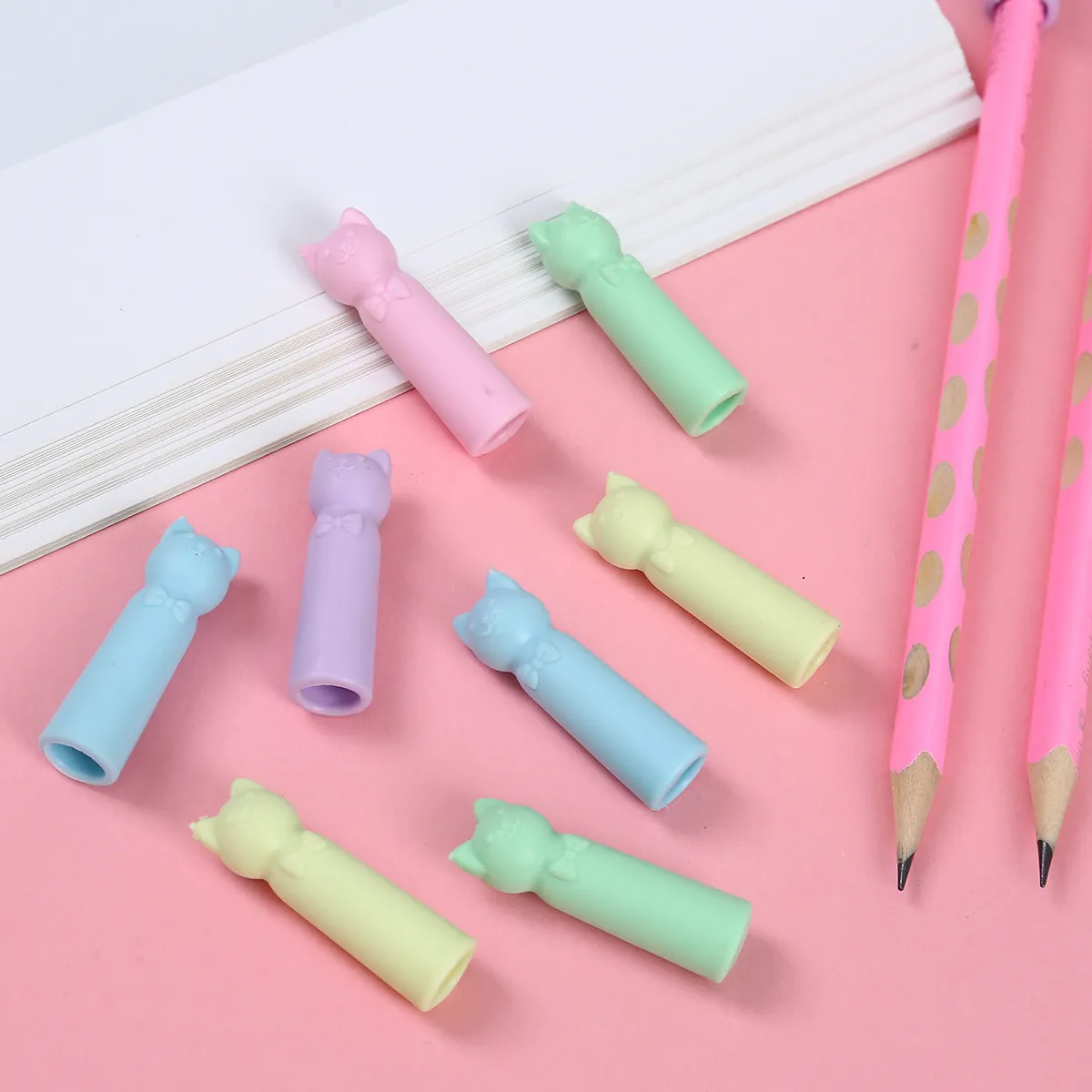 Cute Cartoon Cat Ear Silicone Pencil Cap Eraser Protective Cover Student Stationery Writing Accessory