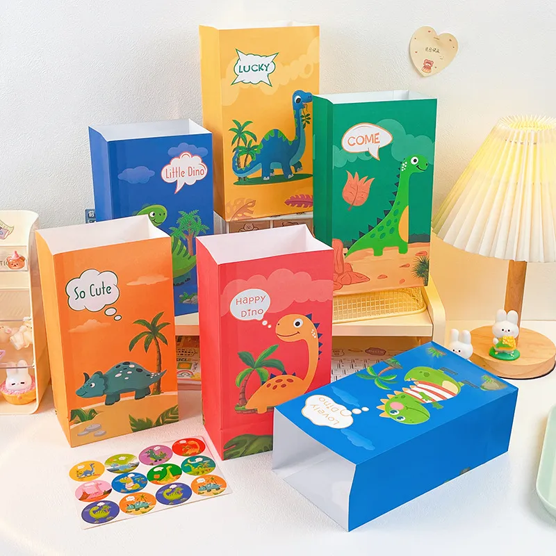 Sacchetti Regalo in Carta Kraft Dinosauro Cartone Animato Festa di Compleanno Caramelle Imballaggio Alimentare con Adesivi Forniture per Feste