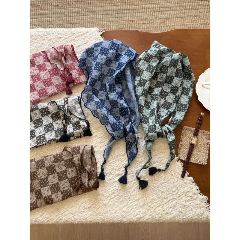 Retro Floral Plaid Triangle Scarf Polyester Colorblock Tassel Small Neck Scarf Fashion Literary Women Scarf