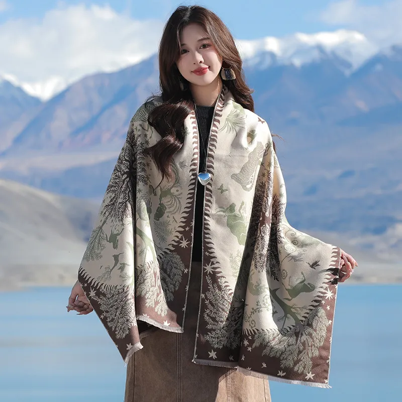 Ethischer Stil Doppelseitiger Jacquard Kunstkaschmir Schal Damen Winter Warmer Reise Schal Quasten Wrap Decke