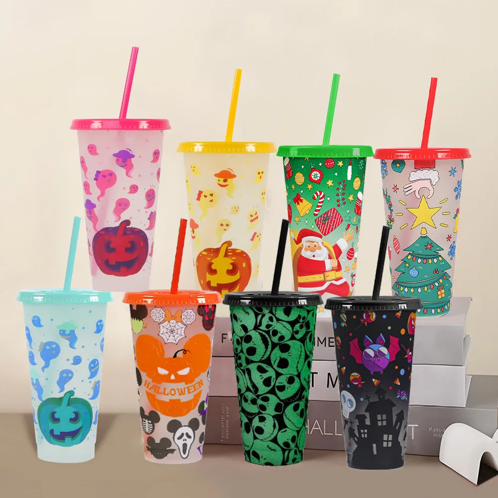 Bicchiere di Plastica con Cannuccia Cangiante Attivato a Freddo Riutilizzabile Tazza da Caffè con Coperchio e Cannuccia per Feste