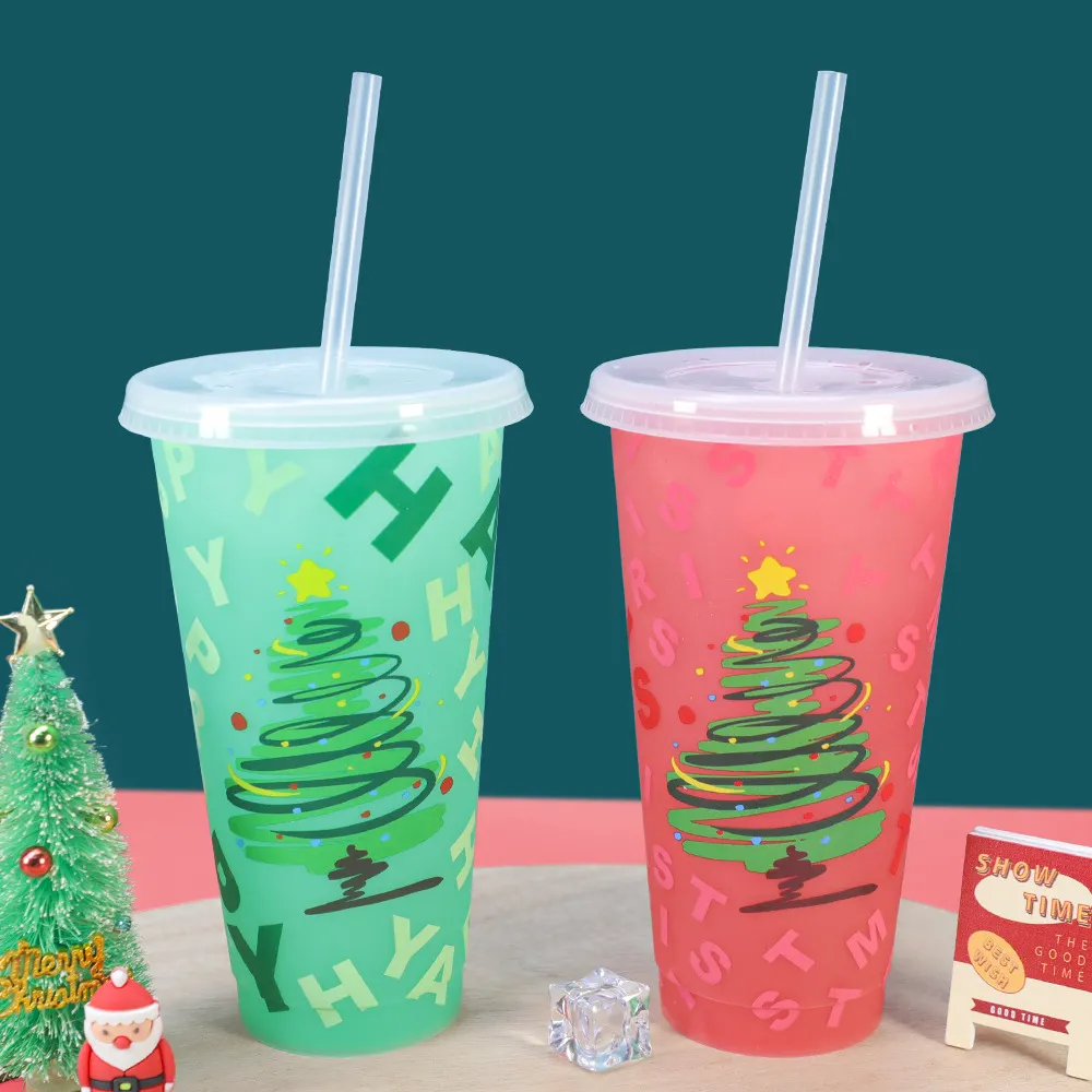 Weihnachten Farbwechsel Kunststoff Kalter Becher Mit Deckel Und Strohhalm Festliche Party Trinkwasserbecher