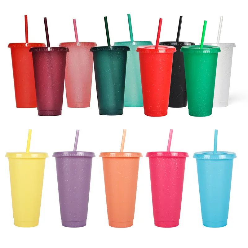 Plastik Glitzer Strohhalm Becher Farbwechsel Wiederverwendbar Kaltgetränk Wasserbecher Tragbarer Reise Becher Mit Deckel Und Strohhalm