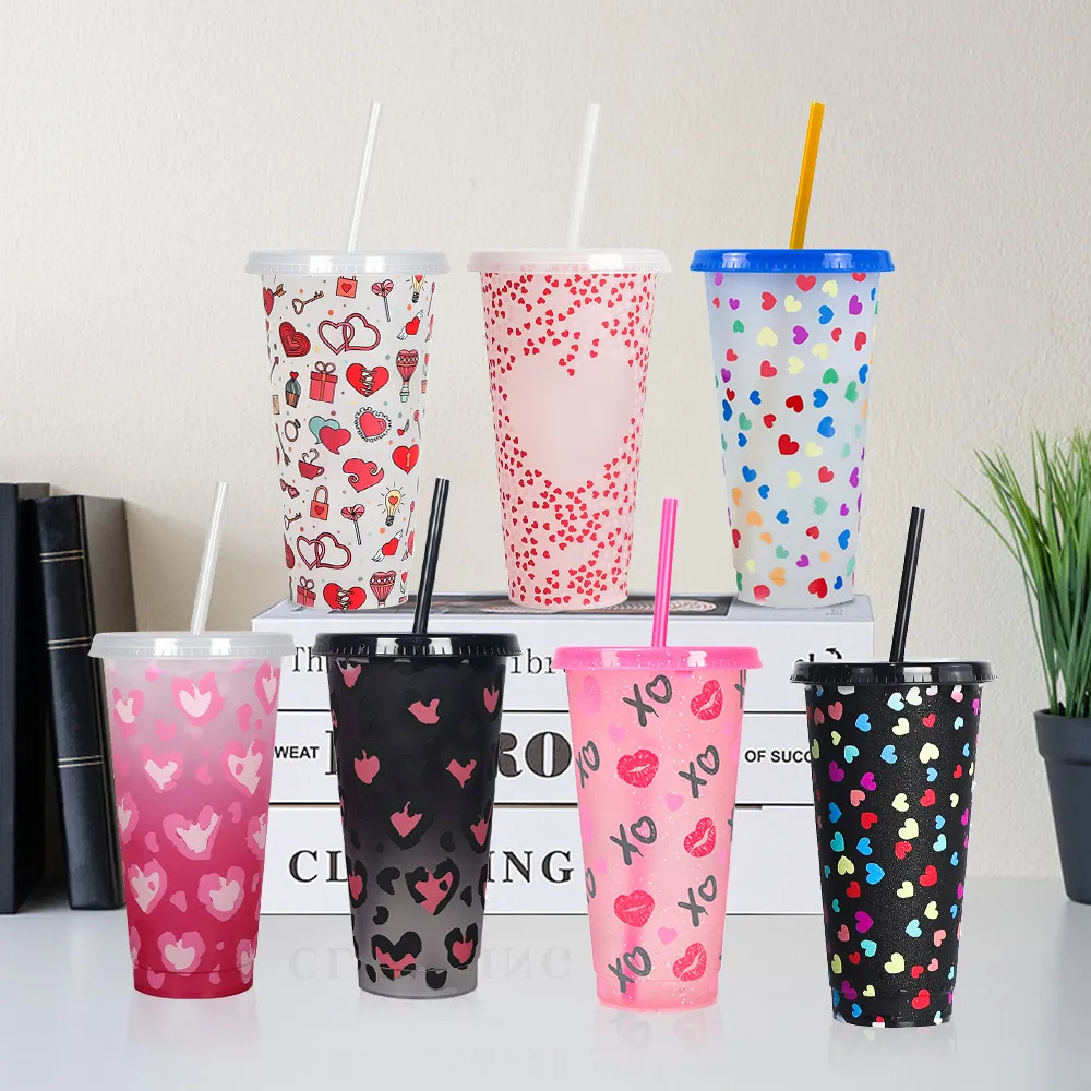 Color Changing Plastic Cup Cold Activated Tumbler With Straw Valentine Heart Leopard Design Reusable Drinkware