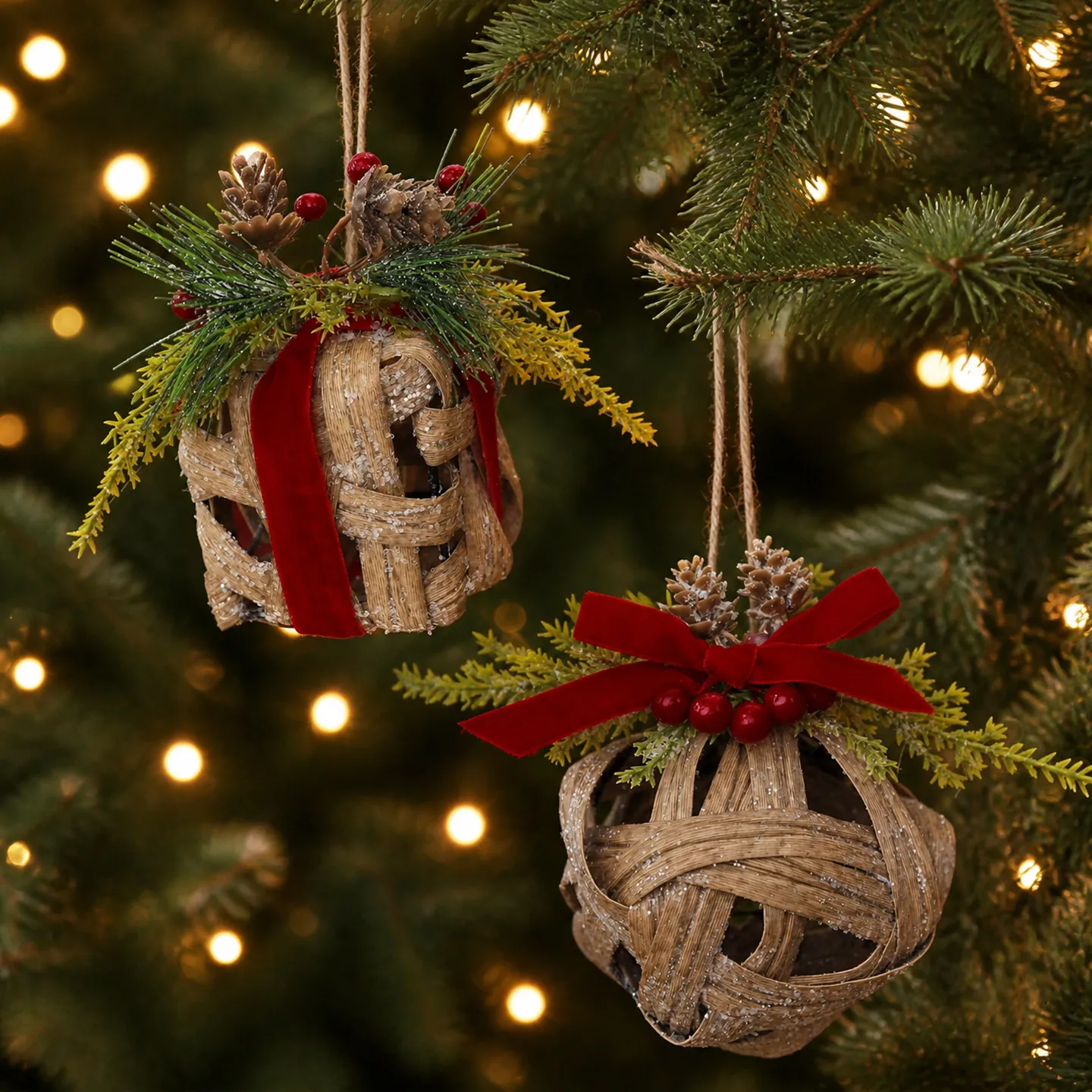 Christmas Rattan Woven Hanging Ornament Bell Gift Box Christmas Ball Festive Indoor Tree Hanging Decor Party Supplies