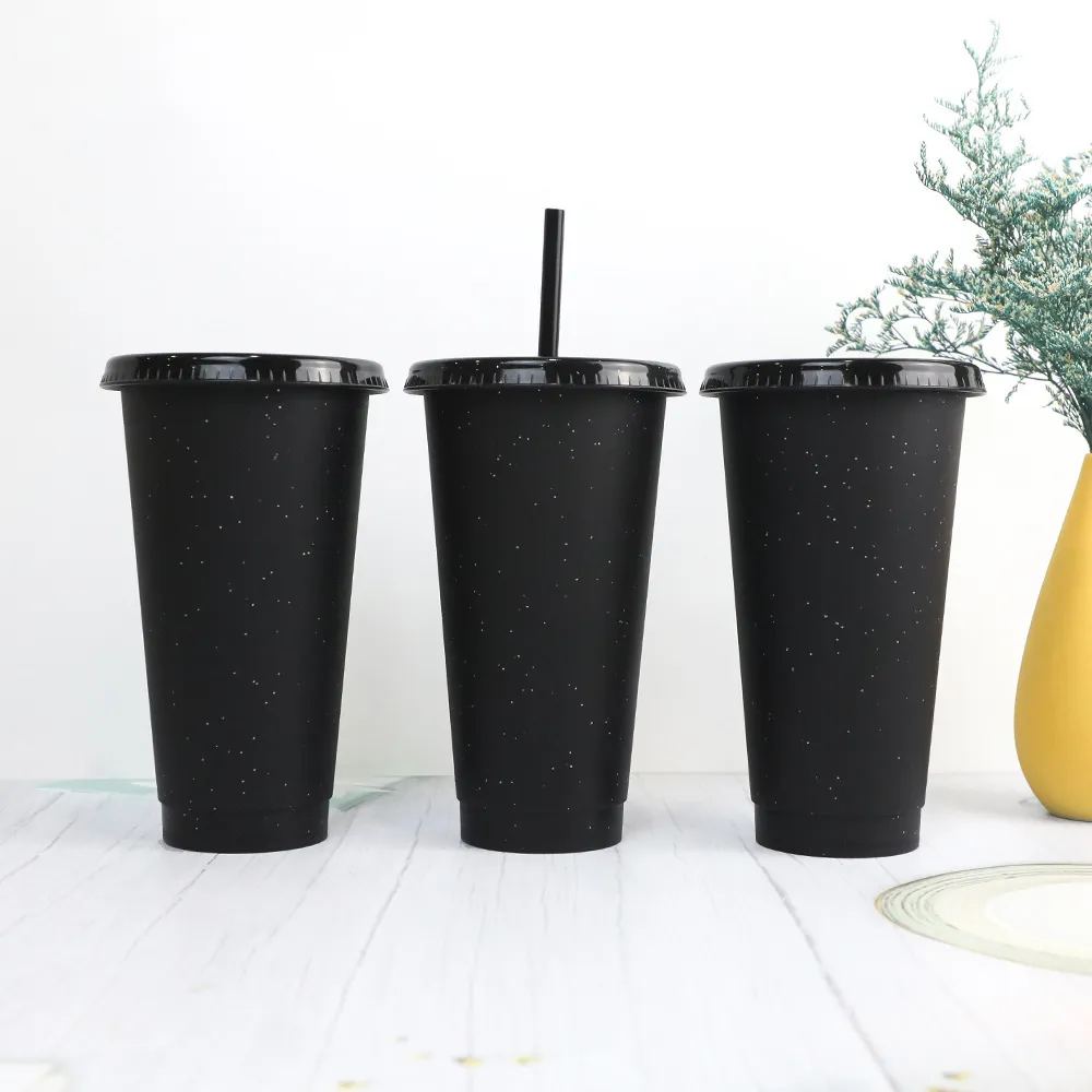 Vaso con Pajita de Plástico PP Creativo Negro Mate Cambio de Color Con Tapa y Pajita Para Oficina Hogar