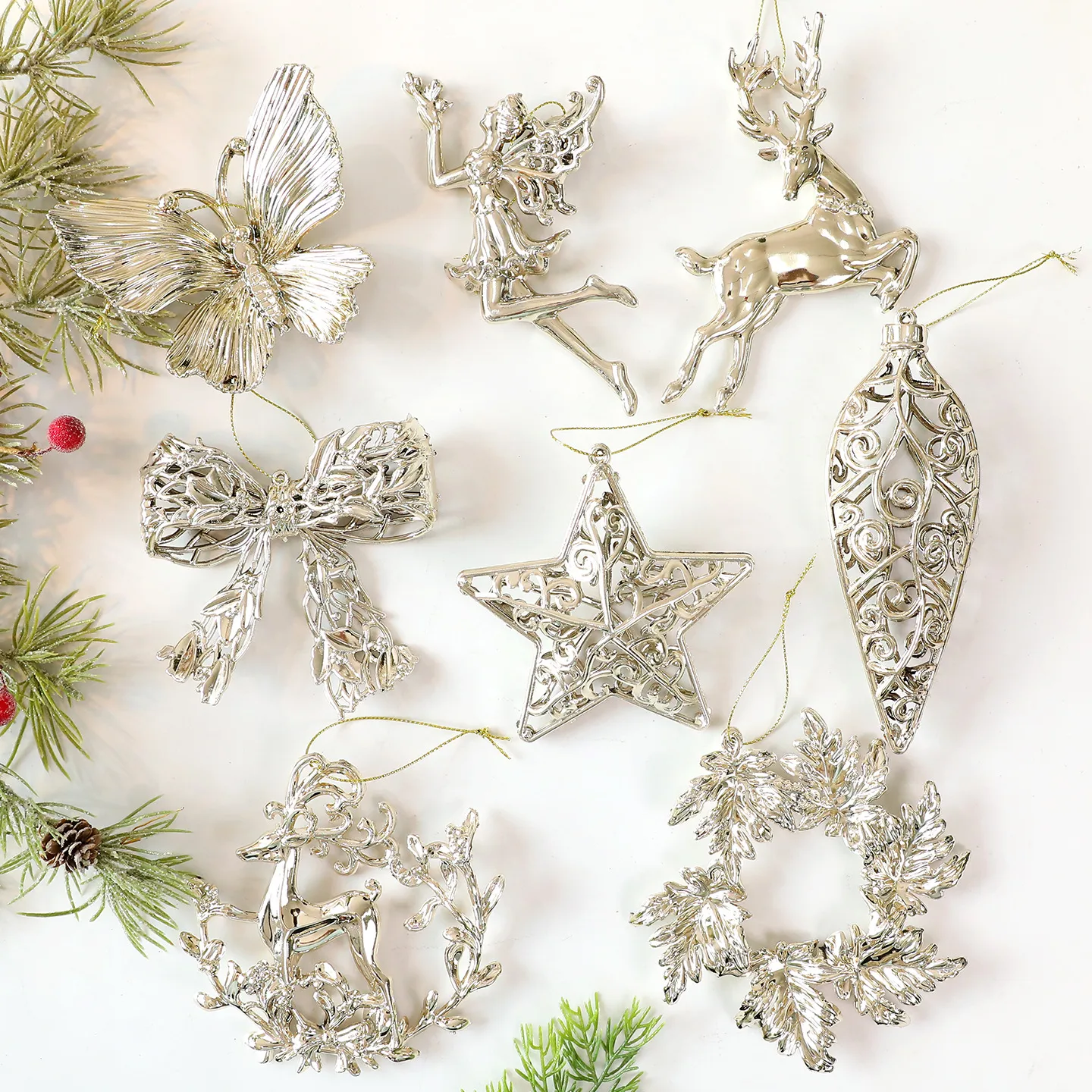 Gold Acryl Weihnachten Hängende Ornamente Elch Schneeflocke Stern Baum Anhänger Feiertag Party Fenster Heimtextilien