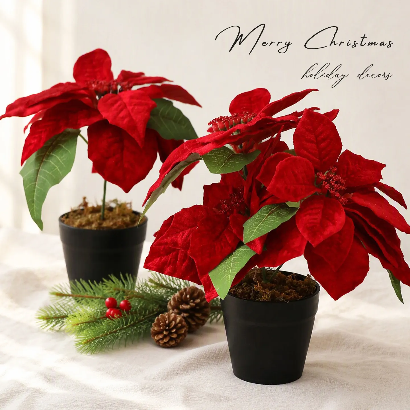 Artificial Christmas Poinsettia Potted Plant Red Fabric Flower With Black Pot Indoor Holiday Home Table Decor