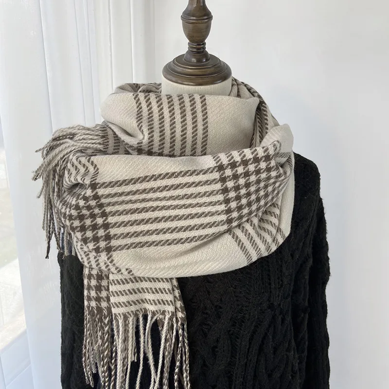 Damen Winter Warmer Hahnentritt Schal Mode Lässig Weicher Polyester Fransen Quaste Langer Schal Umhang Für Kaltes Wetter