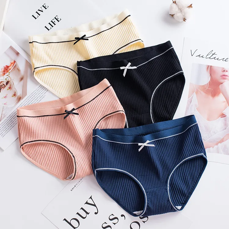 Culottes Côtelées en Coton Décontractées pour Femmes Taille Mi-Haute Slips Couleur Unie Avec Nœud
