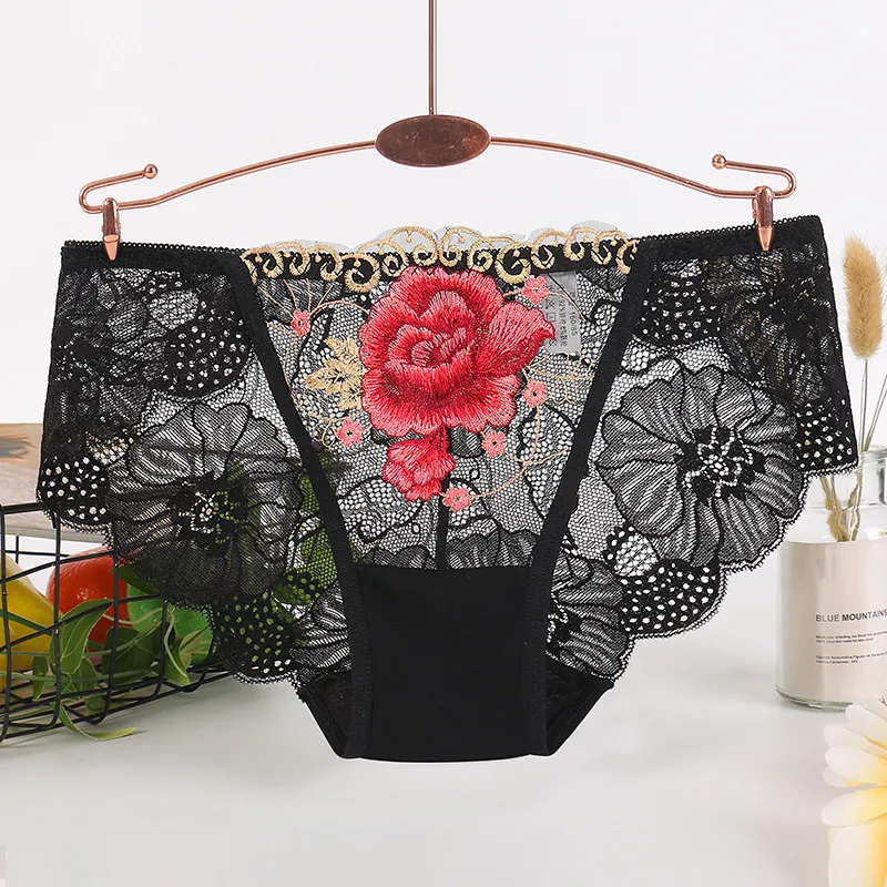 Women Sexy Lace Briefs Floral Embroidery Breathable Mid Waist Panties Comfortable Cotton Crotch Underwear