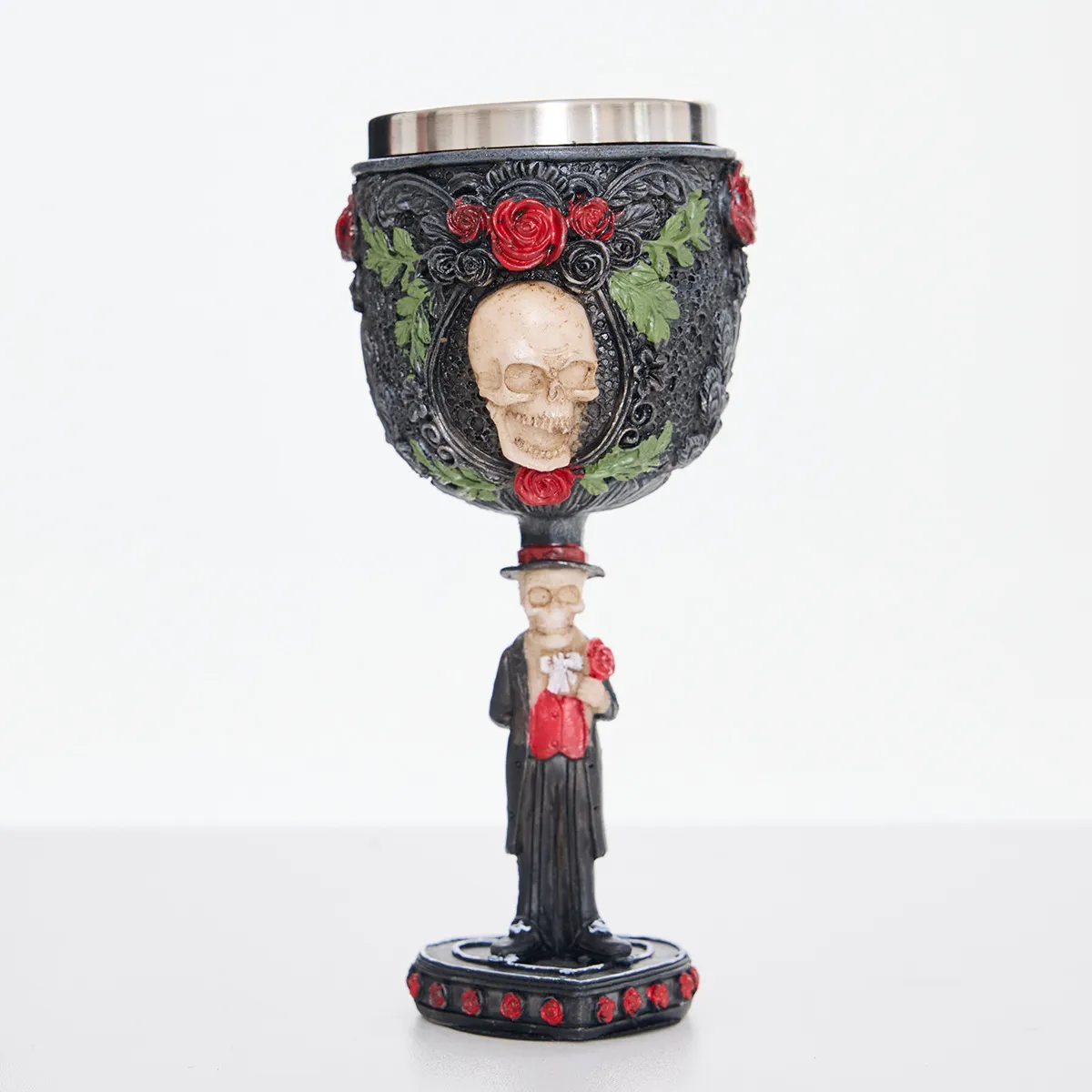 Calice Cranio Vampiro Gotico Resina Acciaio Inossidabile Bicchiere da Vino Antico Scheletro Rosa Rossa Festa Retro Bar