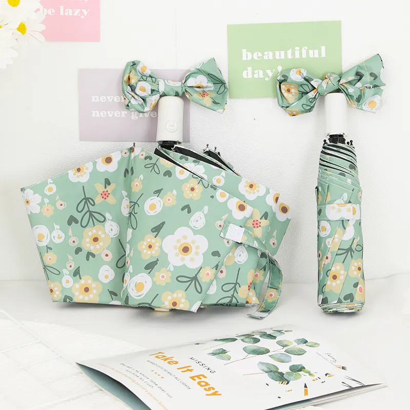 Womens Folding Sun Umbrella Automatic Manual UV Protection Rain Umbrella Oil Painting Floral Print Parasol with Bow