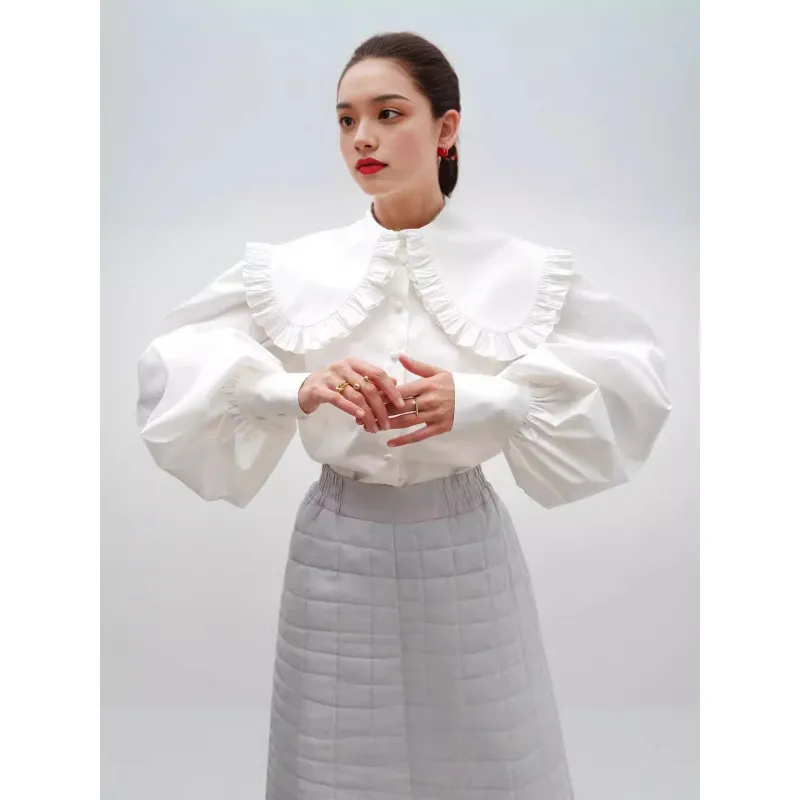 Women White Peter Pan Collar Shirt Long Sleeve Ruffle Trim Blouse Polyester Button Down Loose Top Sweet Fashion Shirt