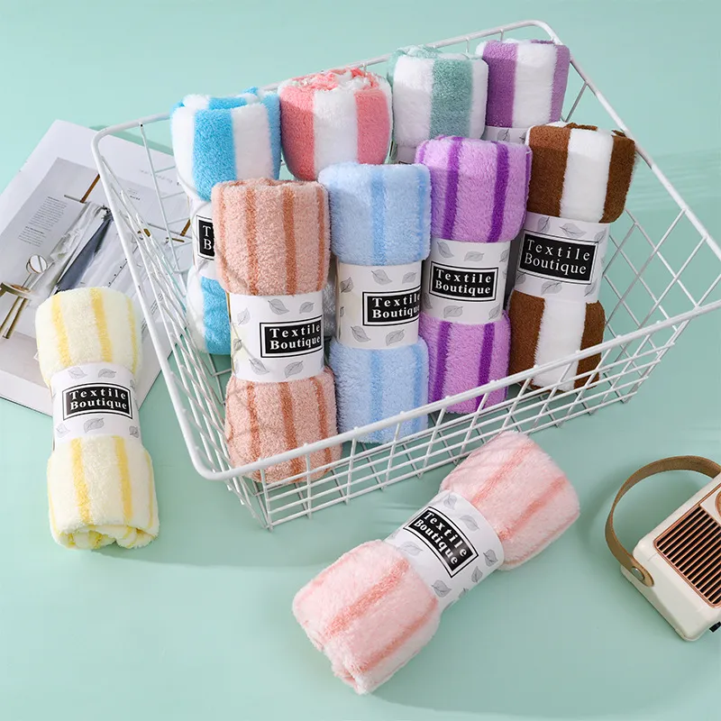 Korallenfleece Gestreiftes Handtuch Saugfähig Schnelltrocknend Weiches Gesichtstuch Geschenkhandtuch Mit Banderole Für Heim Hotel