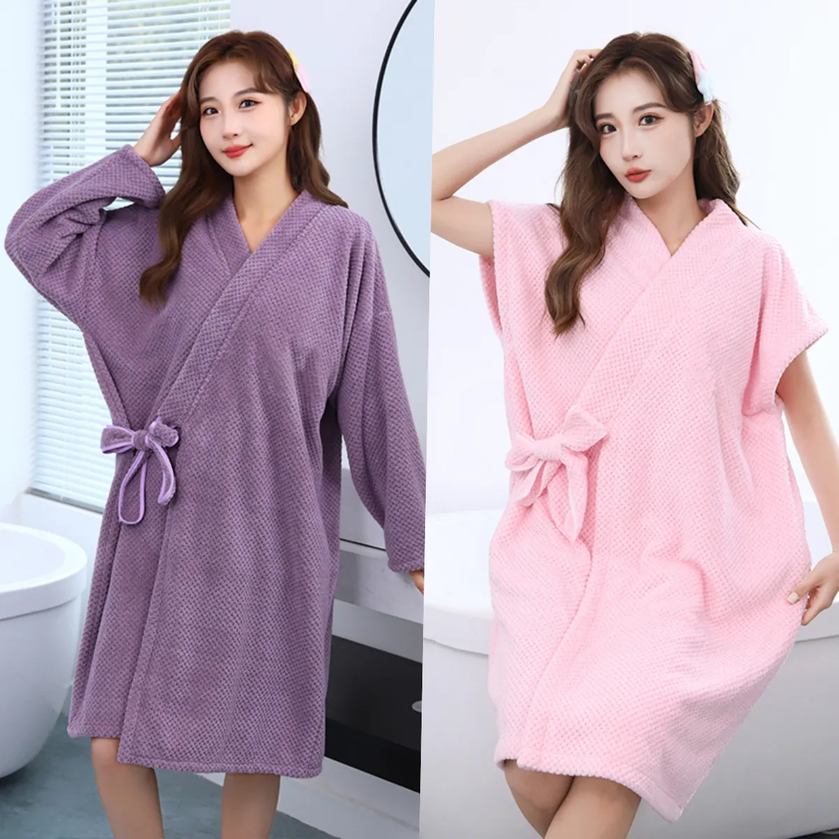 Femme Doux Absorbant Polaire Corail Peignoir Gaufré Jupe de Bain Manches Longues Courtes Spa Vêtements de Nuit Maison