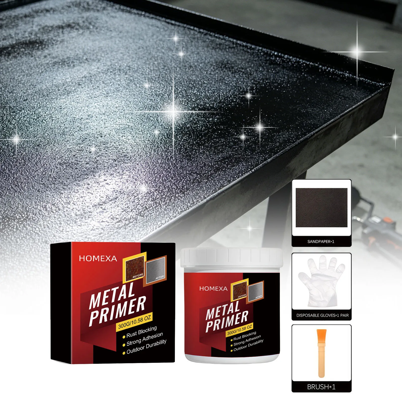 Black Metal Primer Paint Rust Proof Renovation Coating With Brush And Sandpaper For Iron Gate And Steel Railing