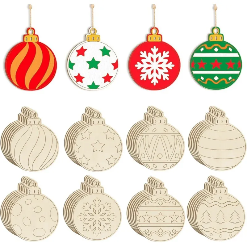 Ornements de boules de Noël en bois non finis et tranches de bois brut avec cordes Bricolage pour fête décoration intérieure