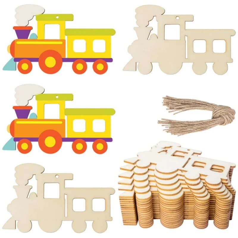 Colgantes de Coche y Tren Huecos de Madera Sin Terminar Adornos Colgantes En Blanco DIY para Decoración de Fiesta de Vacaciones en Casa