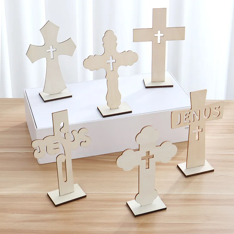 Adorno de Mesa de Artesanía de Cruz de Madera Bautizo Pequeño Decoración del Hogar Cruz de Jesús de Madera Pantalla de Decoración de Escritorio