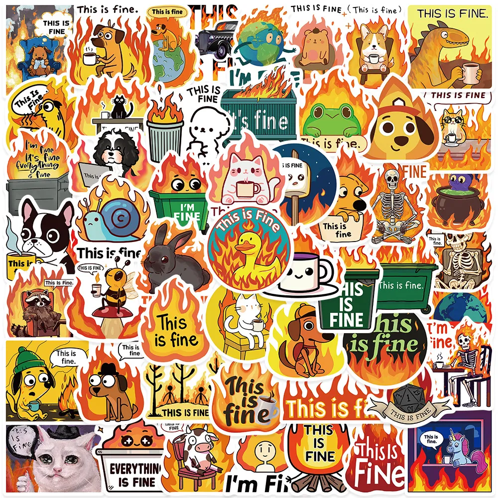 This Is Fine Meme Waterproof Vinyl Stickers Cute Funny Animal Cartoon Decals For Laptop Luggage Water Bottle DIY Decoration