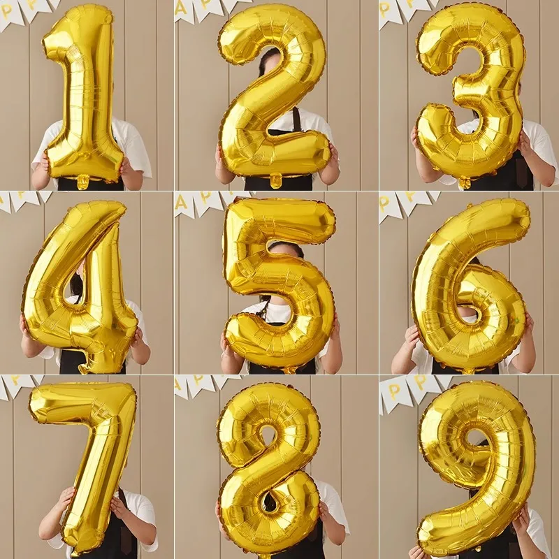 Gold Number Foil Balloon Digital Balloons Birthday Party Wedding Celebration Photography Props Kids Event Decor