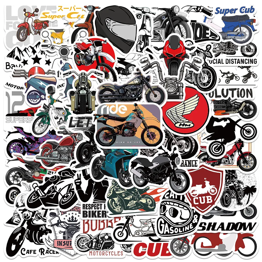 Rétro Moto Graffiti Imperméable Vinyle Autocollants Pour Bagages Ordinateur Portable Casque Voiture Skateboard Assortiment D'Autocollants