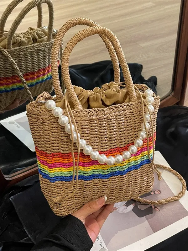 Womens Straw Bucket Bag Casual Crossbody Shoulder Bag With Pearl Chain And Colorful Stripes Summer Beach Woven Handbag