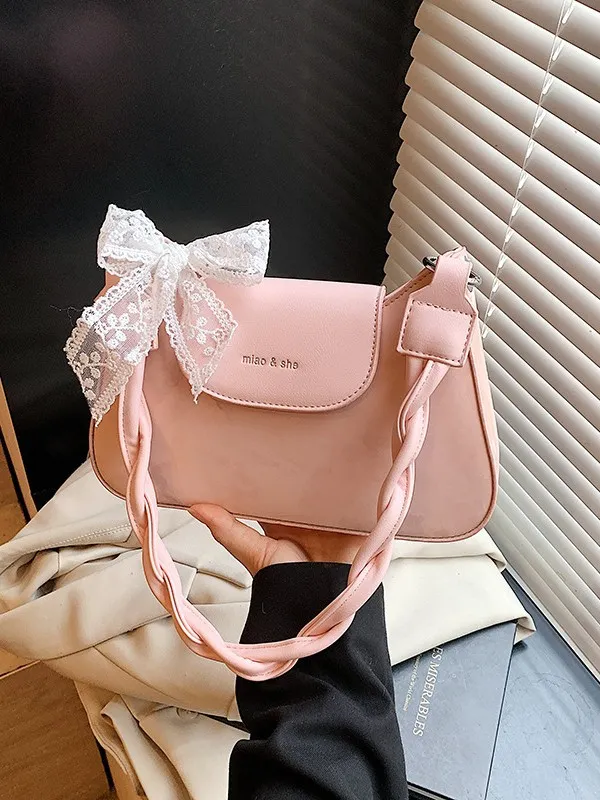 Sac Bandoulière en Cuir PU pour Femme Poignée Tressée Nœud en Dentelle Petit Sac Sous les Aisselles