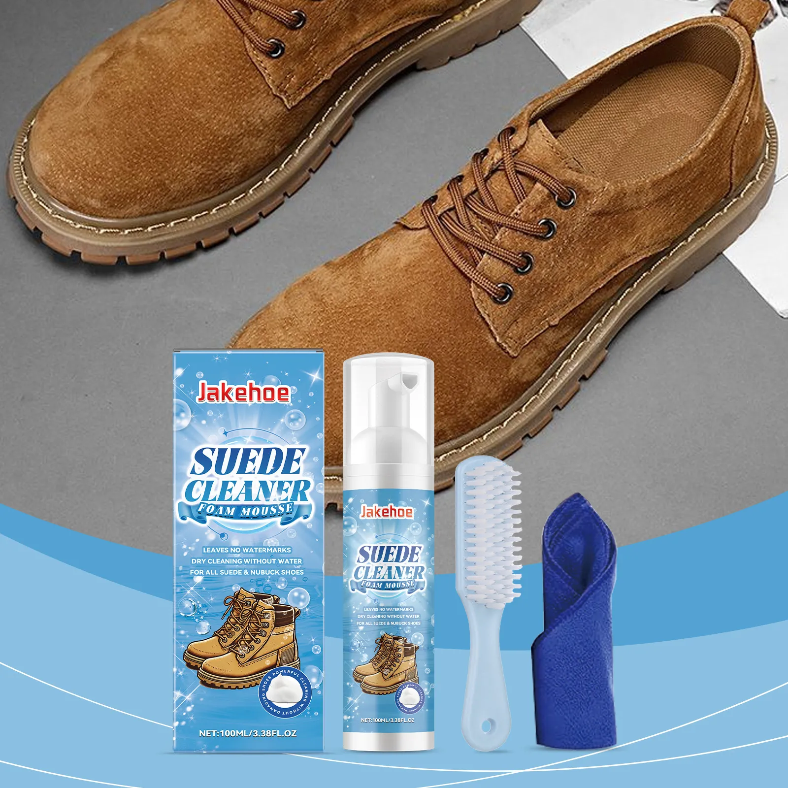 Kit Nettoyage Daim JAKEHOE Mousse Mousse Avec Brosse Et Serviette Pour Soin Chaussures Cuir Et Toile