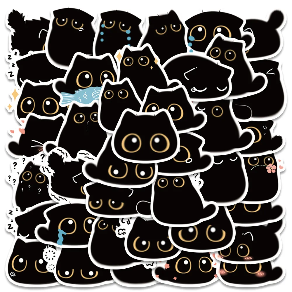 Mignons Autocollants Étanches De Chat Noir De Dessin Animé Pour Bagages Guitare Bouteille D'Eau Ordinateur Portatif