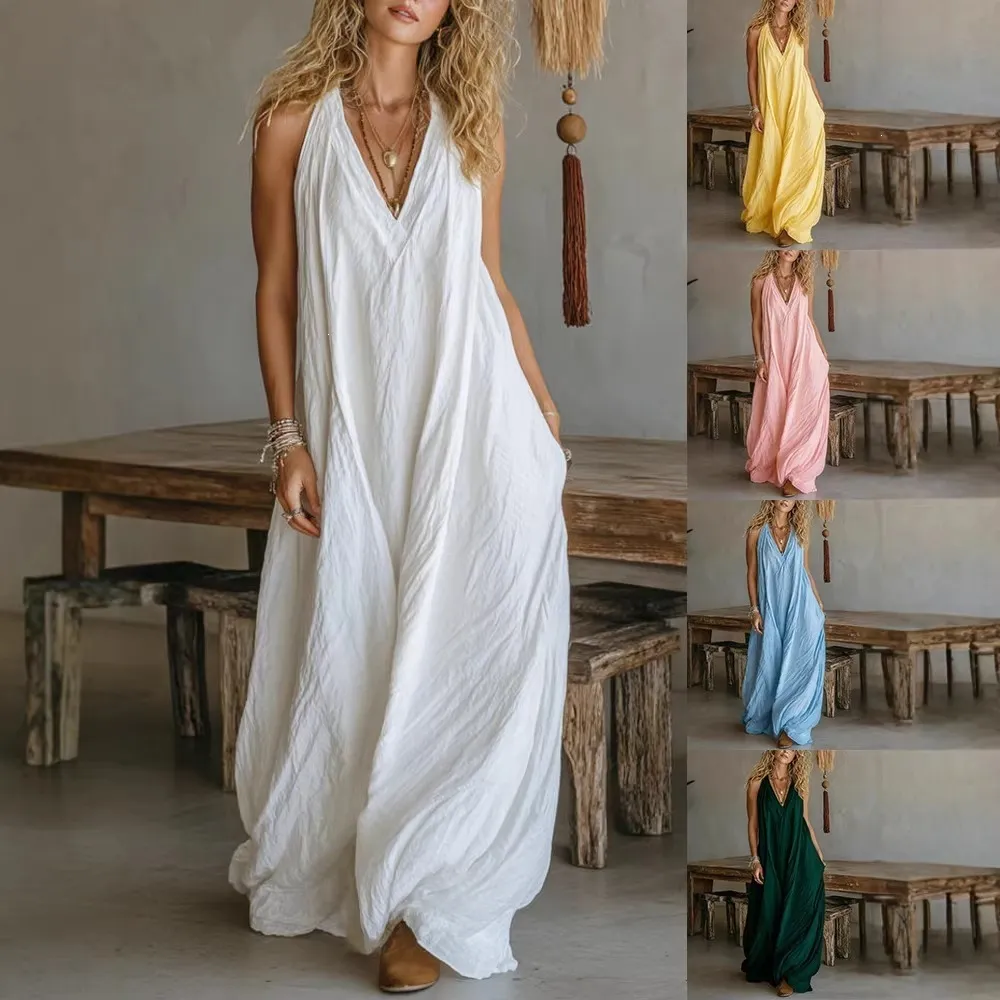 Vestido Largo Maxi Holgado Sin Mangas con Cuello en V Profundo y Color Sólido de Mezcla de Algodón Casual para Mujer Con Bolsillos
