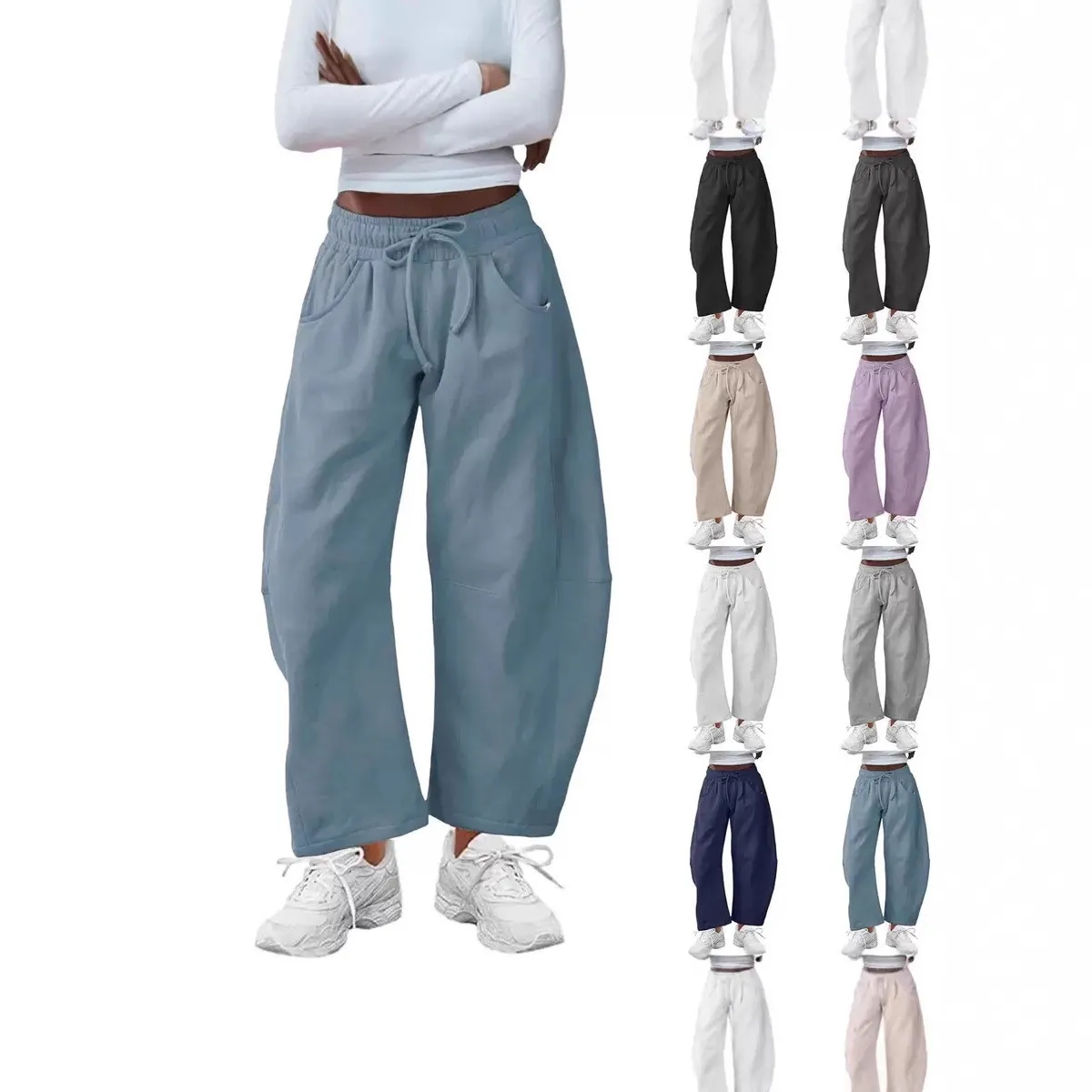 Damen Casual Kordelzug Taschen Jogginghose Lockere Passform Hohe Taille Knöchellange Hose Sommer Mode Streetwear Alltagsbekleidung