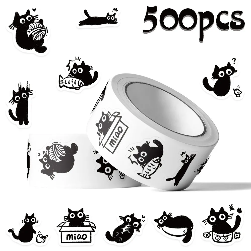 Cute Cartoon Black Cat Sticker Roll Self-Adhesive Paper Decorative Seal Stickers For Notebook Envelope Gift Box Journal