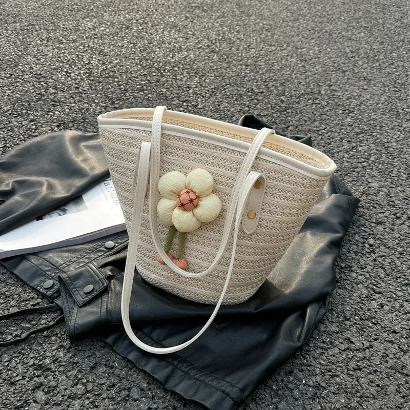 Womens Fashion Woven Straw Bucket Bag Large Capacity Casual Summer Beach Shoulder Handbag With Floral Decor