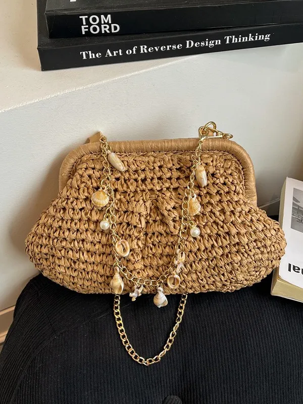 Womens Straw Woven Crossbody Bag Summer Beach Shoulder Bag Chain Pearl Pendant Casual Handbag Purse