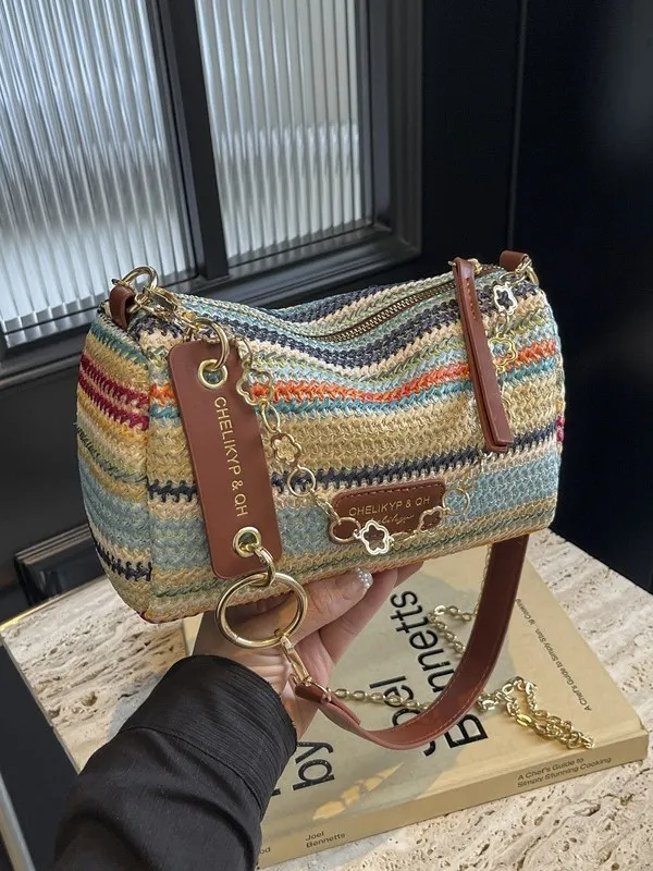Borsa a Tracolla Tessuta in Paglia da Donna Elegante Borsa a Spalla Sottobraccio a Righe Multicolore Catena Pelle PU Borsa da Spiaggia Estiva