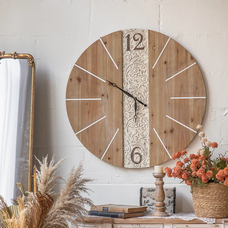 Amerikanische Retro Kreative Wanduhr Große Runde Massive Holz Wanduhr Vintage Dekorative Uhr Für Wohnzimmer Zuhause